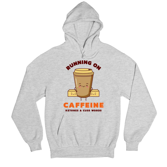 printed caffeine, ketones & cuss words hoodie hooded sweatshirt winterwear printed graphic stylish buy online india the banyan tee tbt men women girls boys unisex gray 