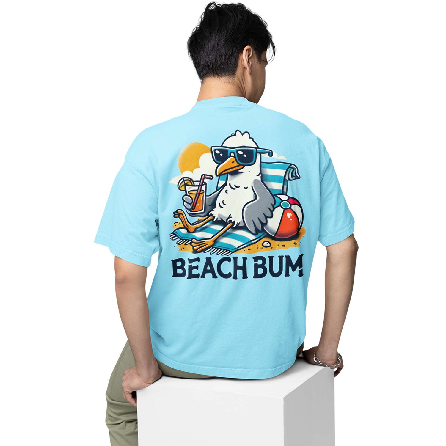 Oversized T shirt Beach Bum XS (Chest 39 IN) Baby Blue