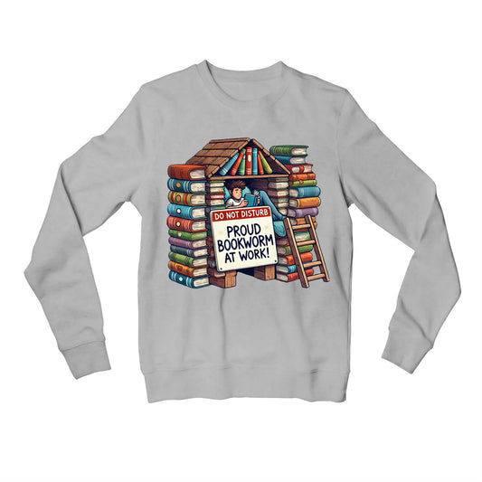 printed bookworm at work sweatshirt upper winterwear printed graphic stylish buy online india the banyan tee tbt men women girls boys unisex gray