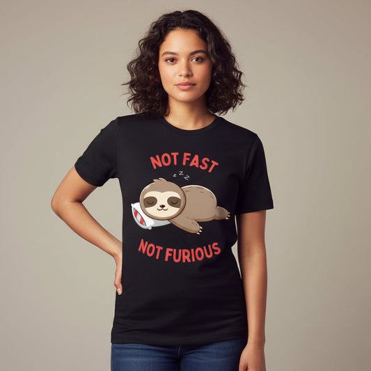 Black t-shirt with a sloth graphic and text 'Not Fast, Not Furious' on a white background