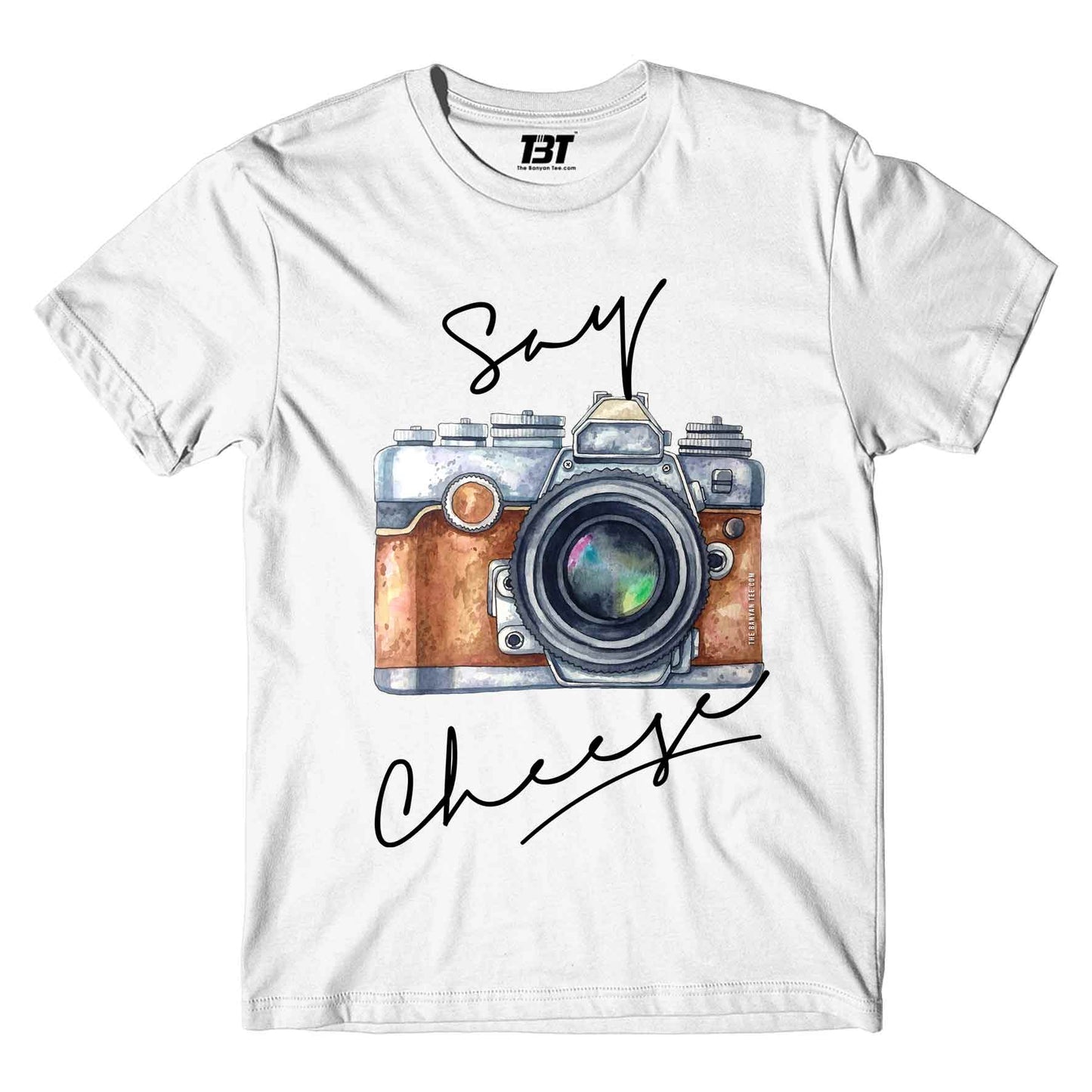 printed say cheese t-shirt printed graphic stylish buy online india the banyan tee tbt men women girls boys unisex white