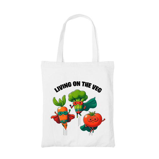 printed living on the veg tote bag cotton printed printed graphic stylish buy online india the banyan tee tbt men women girls boys unisex  