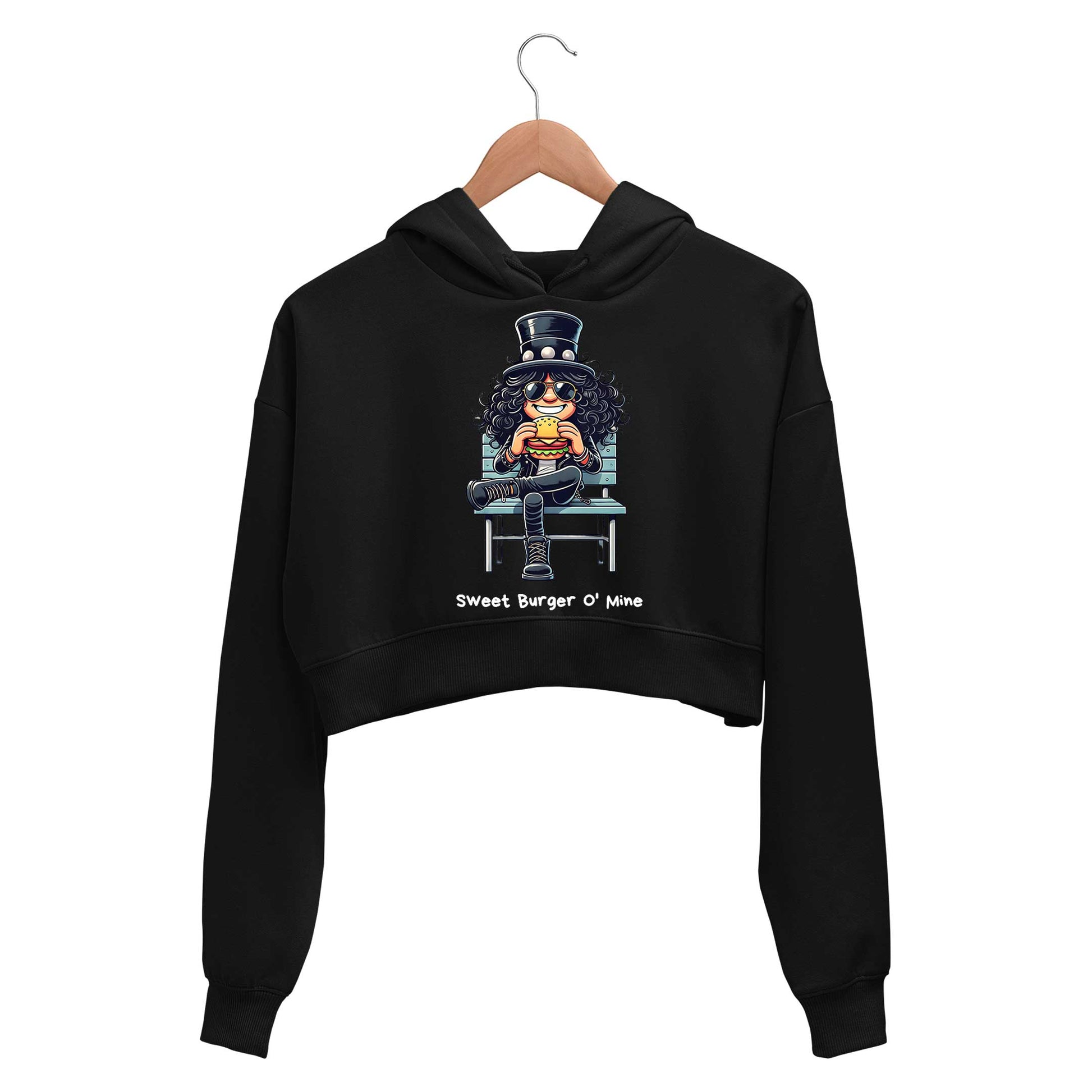 guns n' roses sweet burger o' mine crop hoodie hooded sweatshirt upper winterwear music band buy online india the banyan tee tbt men women girls boys unisex black