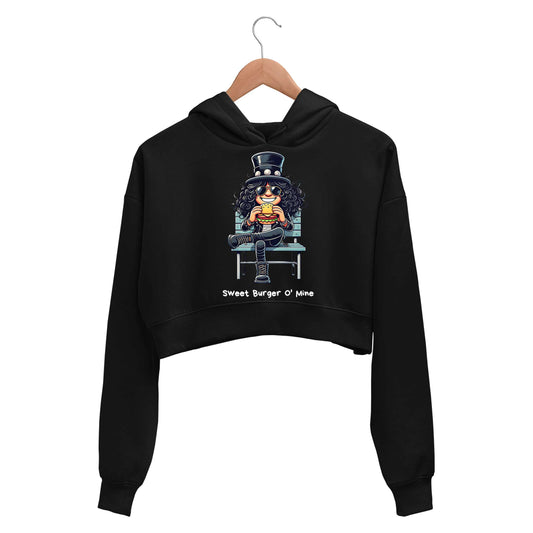guns n' roses sweet burger o' mine crop hoodie hooded sweatshirt upper winterwear music band buy online india the banyan tee tbt men women girls boys unisex black