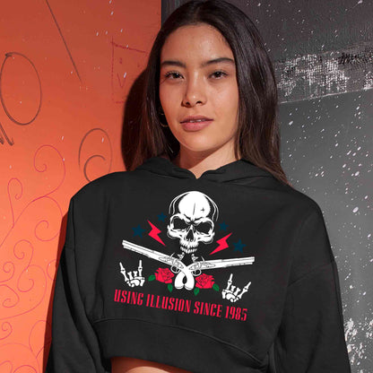guns n' roses using illusion since 1985 crop hoodie hooded sweatshirt upper winterwear music band buy online india the banyan tee tbt men women girls boys unisex black