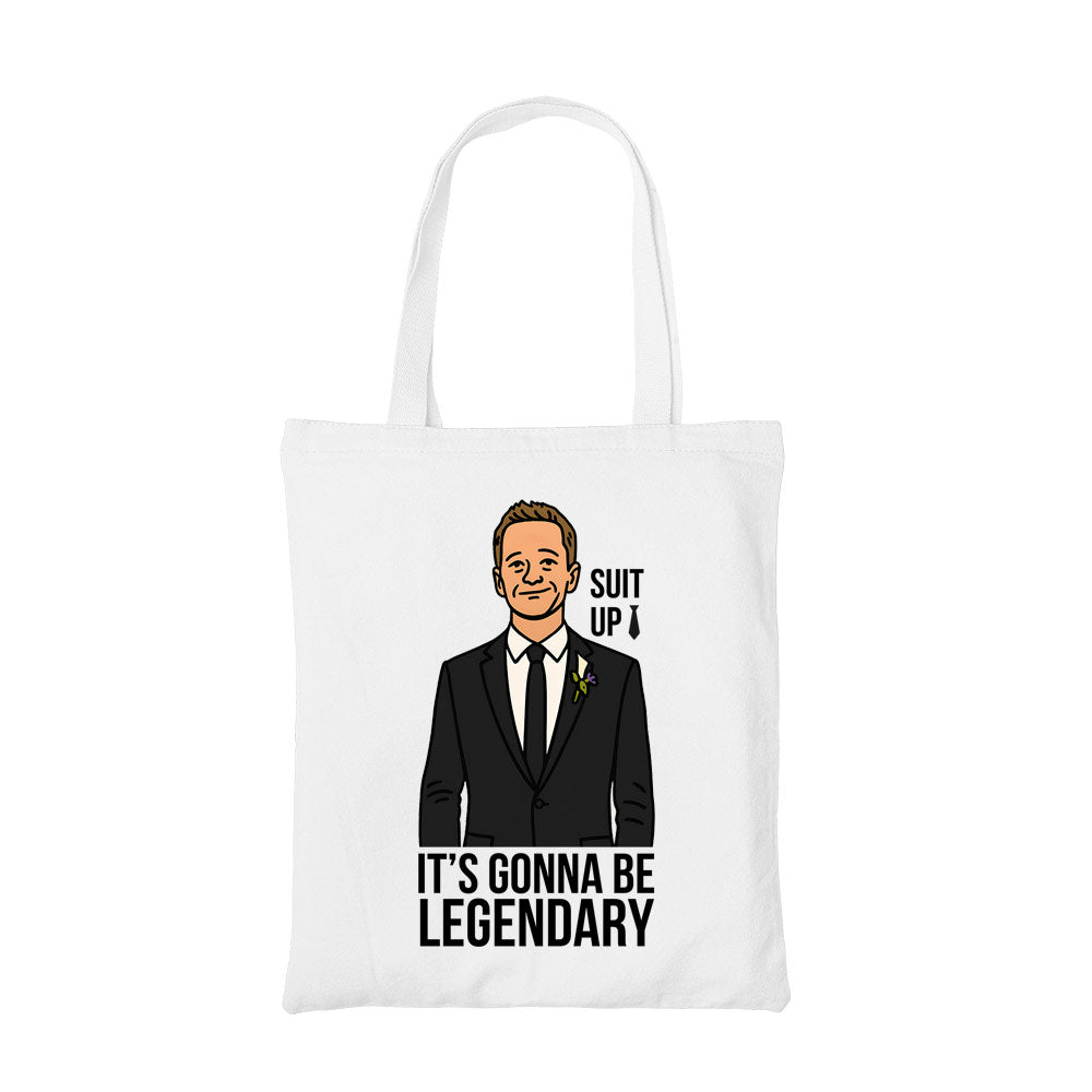 how i met your mother suit up, legendary tote bag hand printed cotton women men unisex