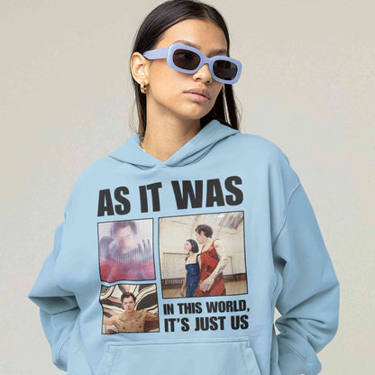 harry styles as it was hoodie hooded sweatshirt winterwear music band buy online india the banyan tee tbt men women girls boys unisex gray - in this world, it's just us  Edit alt text