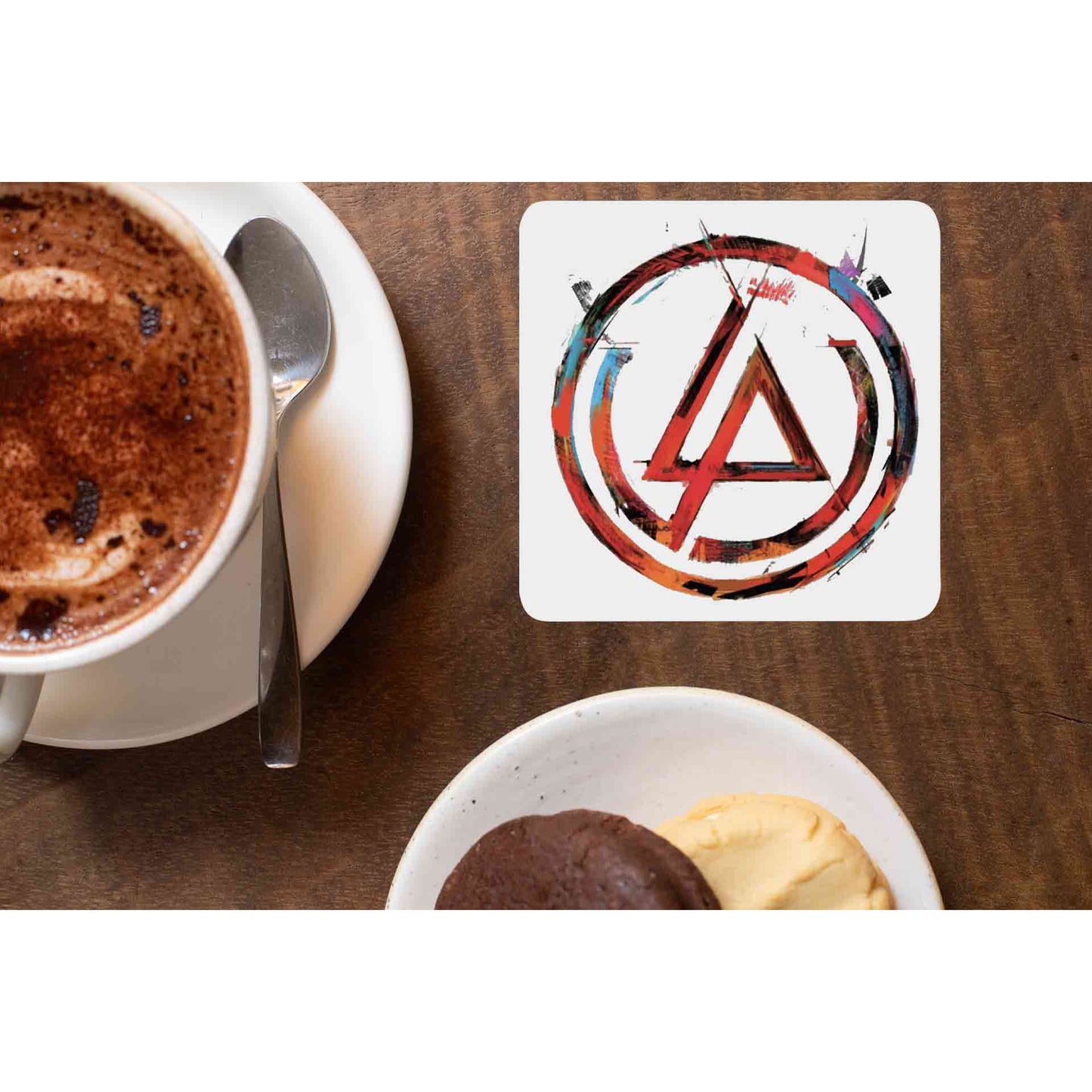 linkin park artwork coasters wooden table cups indian music band buy online india the banyan tee tbt men women girls boys unisex