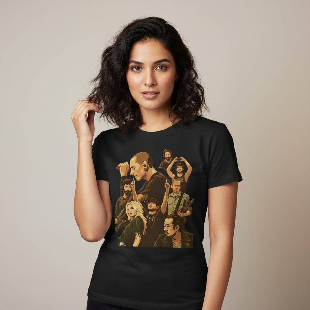 Black t-shirt with graphic design of a group of people on a white background Linkin Park The Banyan Tee