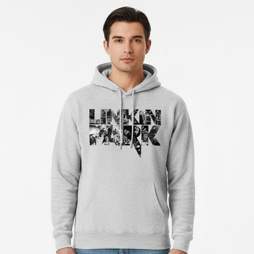Person wearing a gray hoodie with 'Linkin Park' logo on a white background