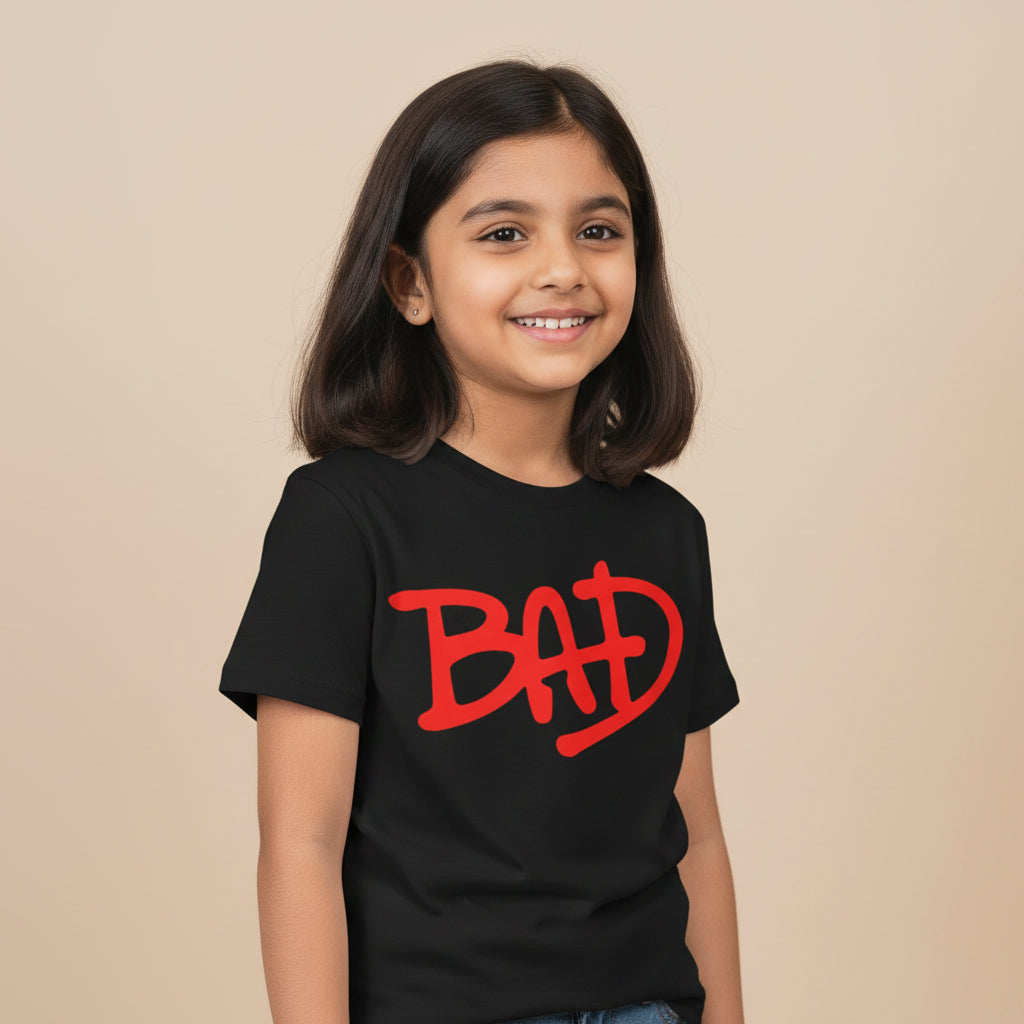 Black t-shirt with red 'BAD' text on a white background michael jackson