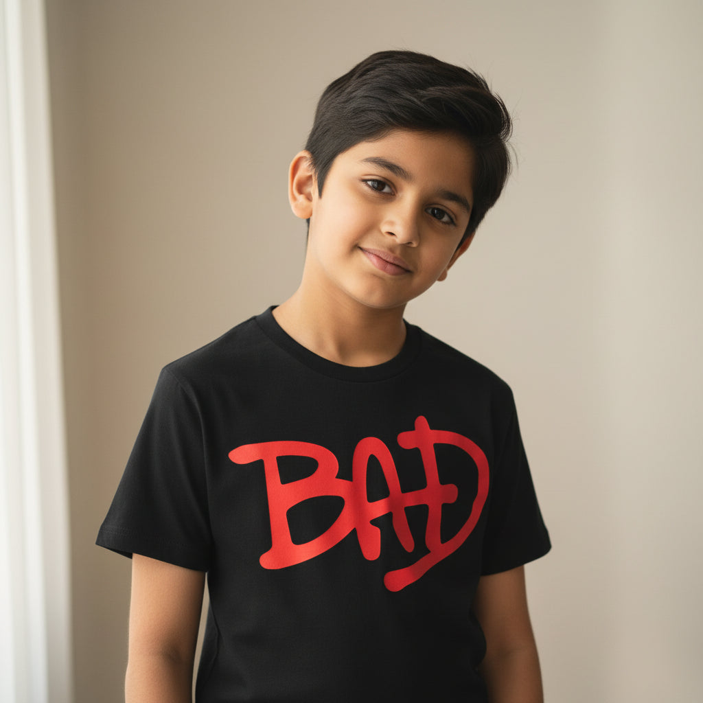 Black t-shirt with red 'BAD' text on a white background
