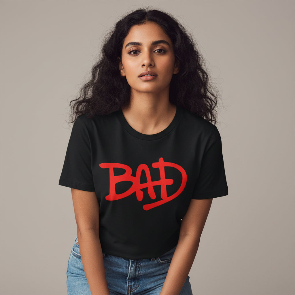 Black t-shirt with red 'BAD' text on a white background