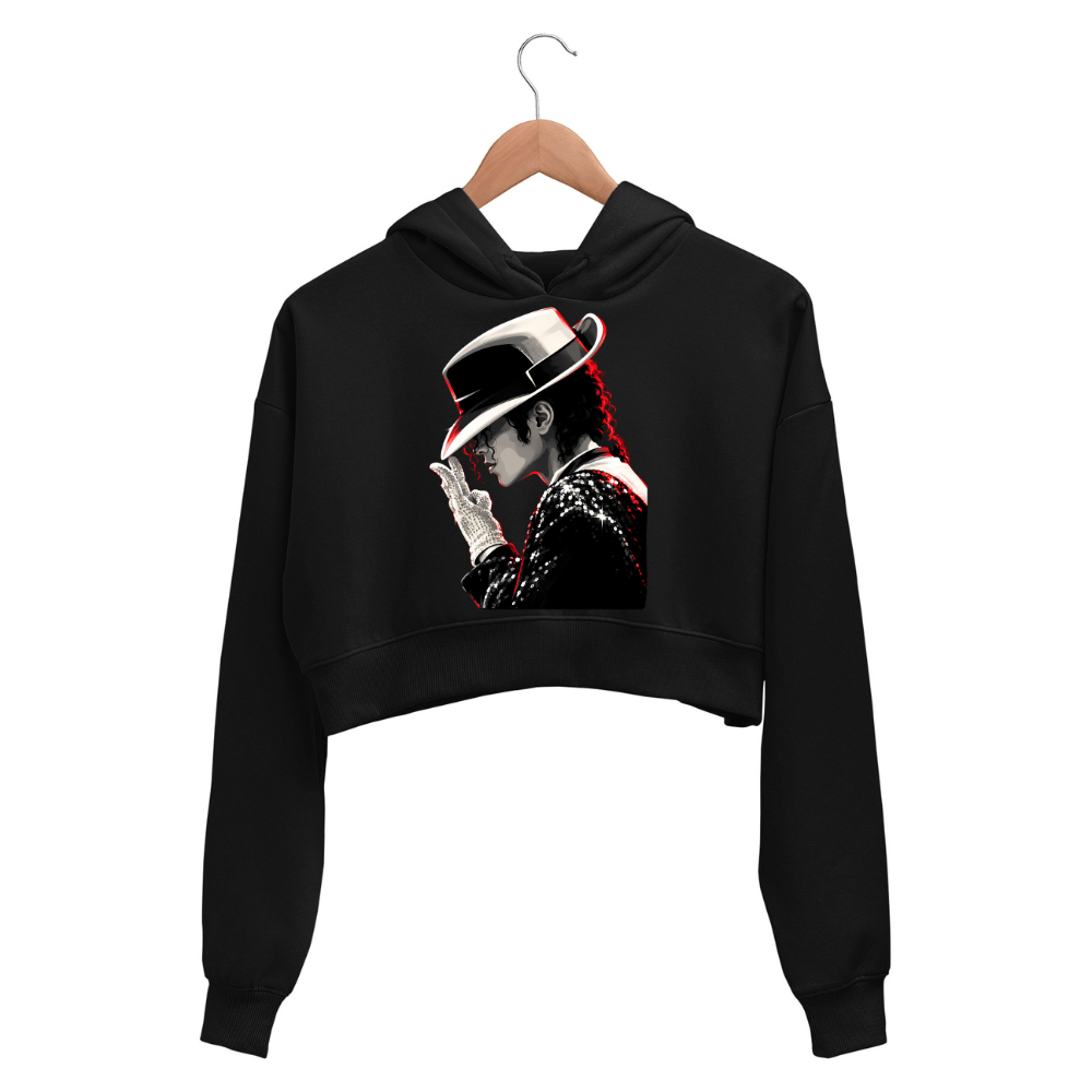 Michael Jackson “The Pop Legend” crop hoodie in black, flat front view