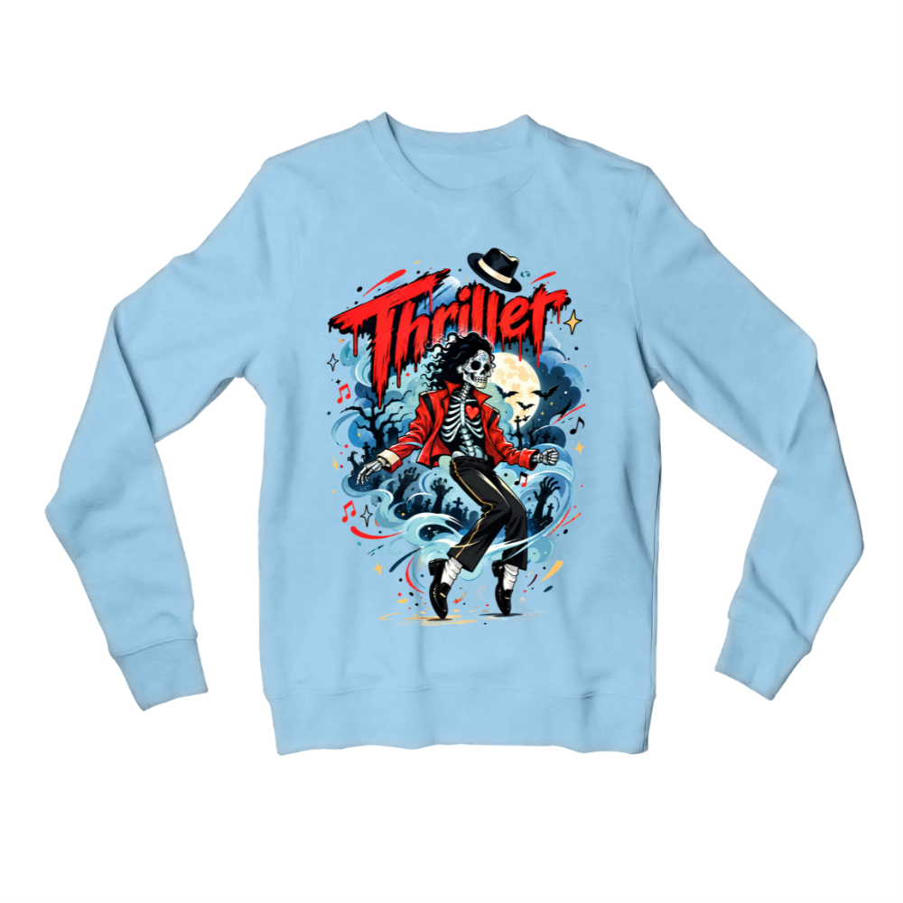 Michael Jackson “Thriller” sweatshirt in baby blue, flat front view
