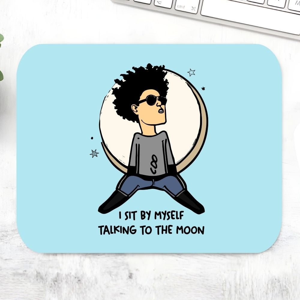 Mouse pad with a cartoon character and text on a light blue background Bruno Mars Gift The Banyan Tee India