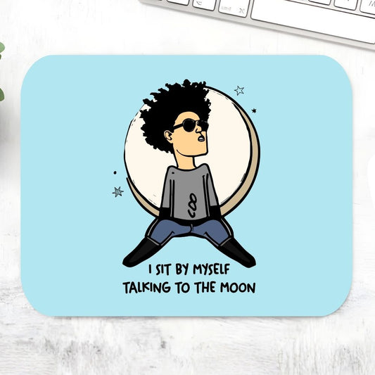 Mouse pad with a cartoon character and text on a light blue background Bruno Mars Gift The Banyan Tee India