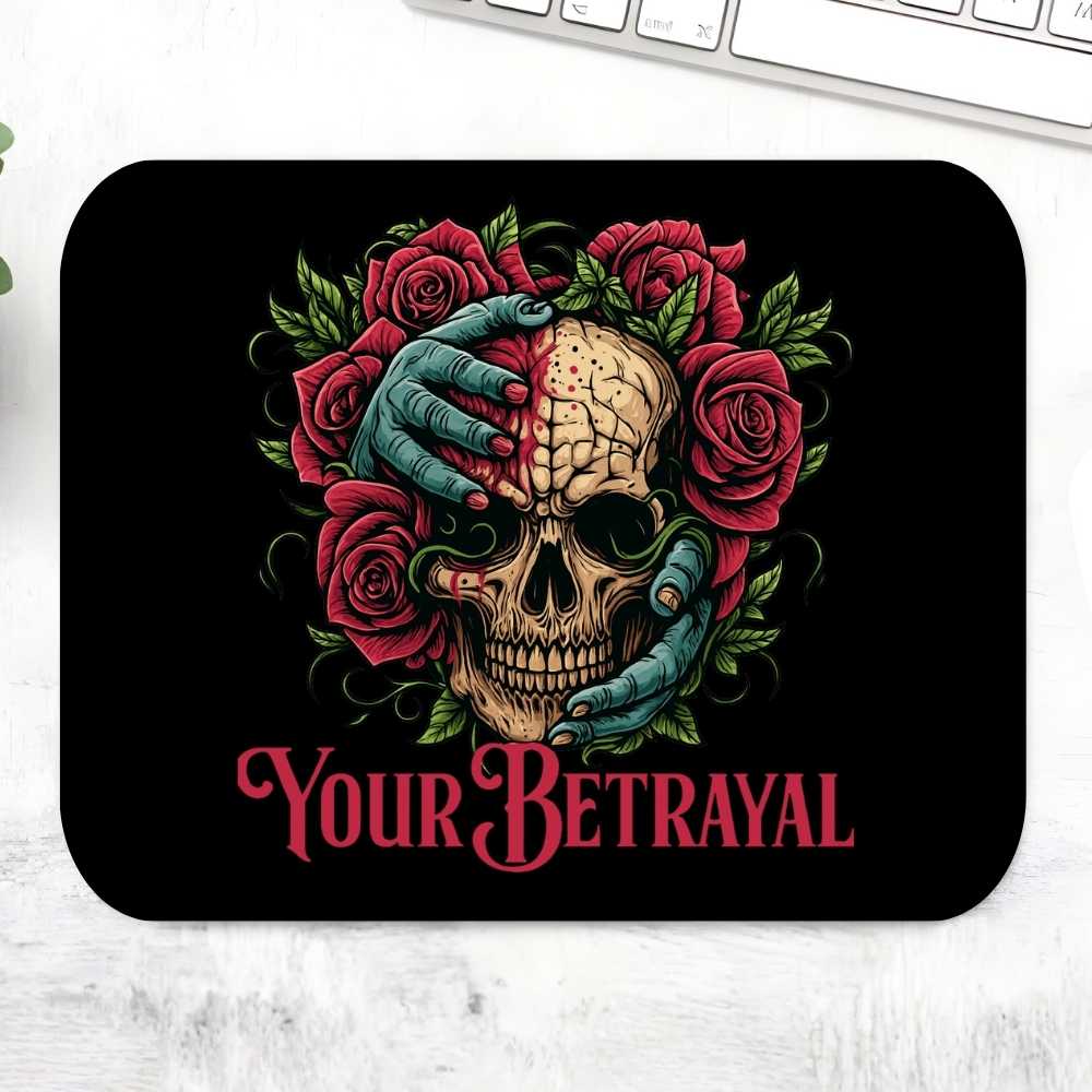 Mouse pad with a skull design, roses, and text 'Your Betrayal' on a black background. Bullet for my valentine.