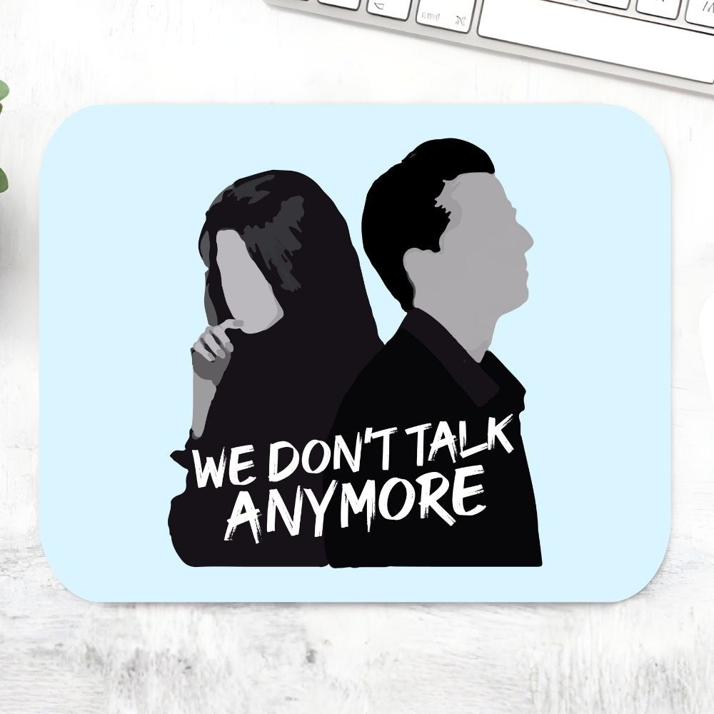 We Don't Talk Anymore Mousepad – Light blue large desk mat with dramatic silhouette couple illustration and bold distressed lyric text, Charlie Puth Selena Gomez fan art, music merch gift, The Banyan Tee