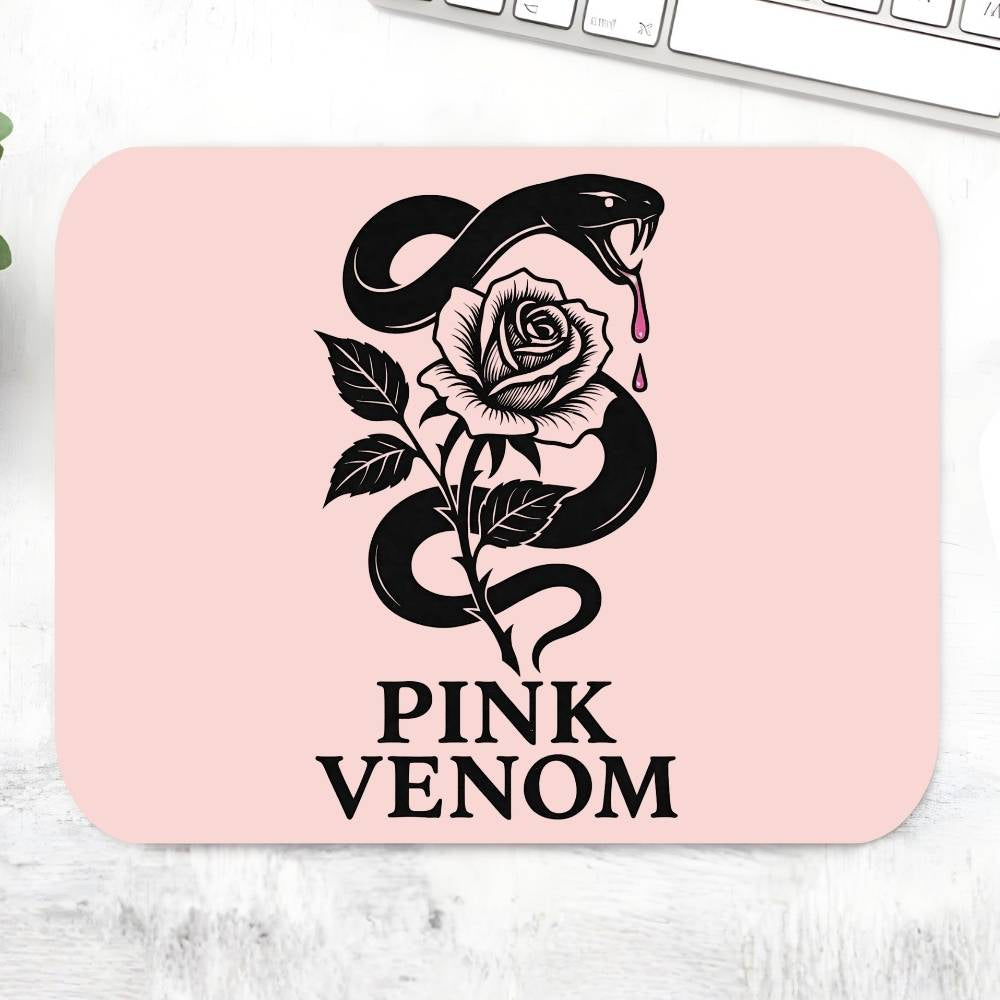 Pink mouse pad with snake and rose design and 'Pink Venom' text on a light surface. Black Pink