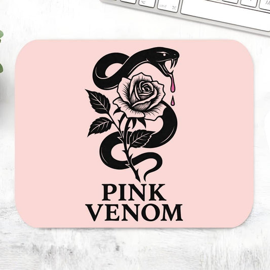 Pink mouse pad with snake and rose design and 'Pink Venom' text on a light surface. Black Pink