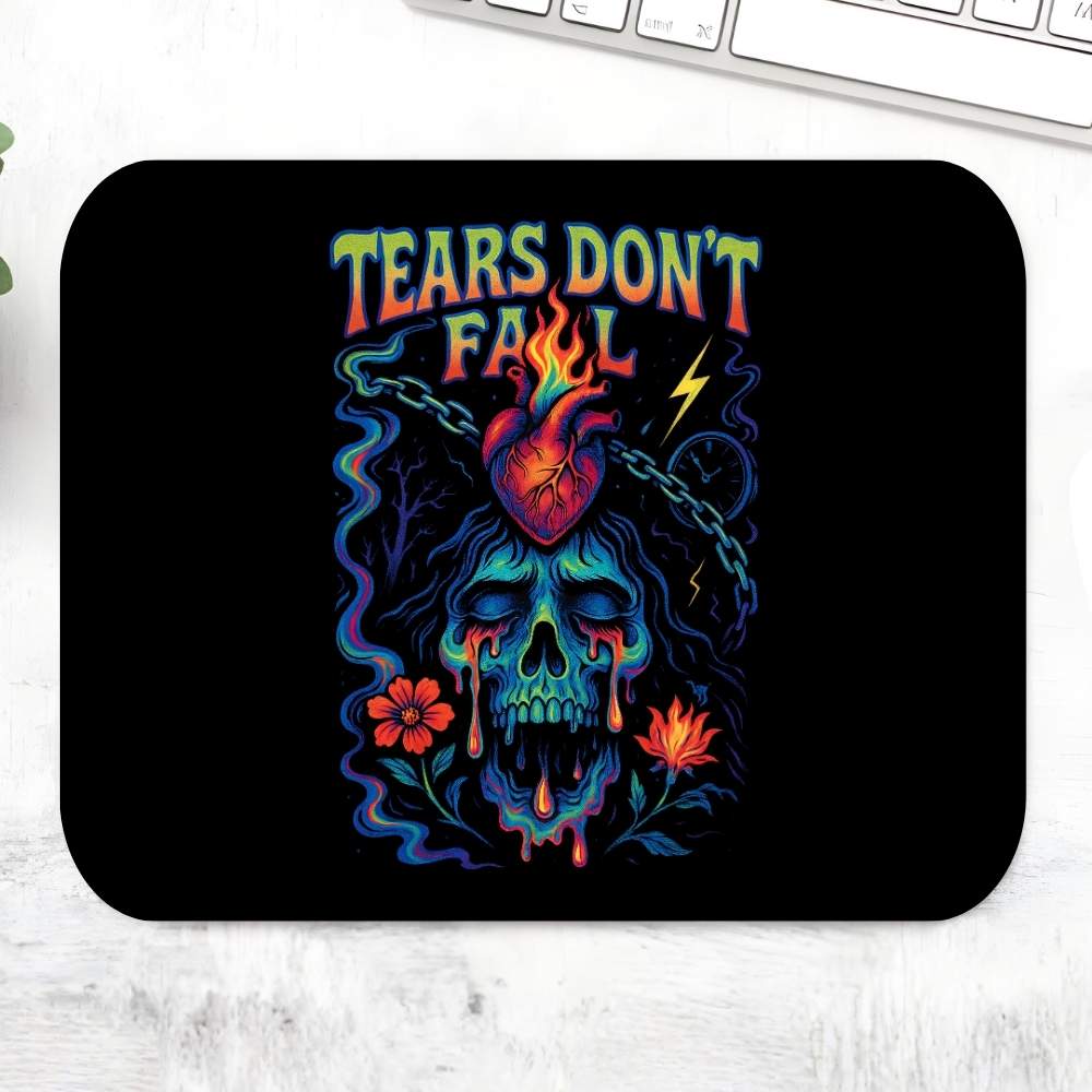 Mouse pad with colorful skull and heart design and 'Tears Don't Fail' text on a black background. Bullet for my valentine.