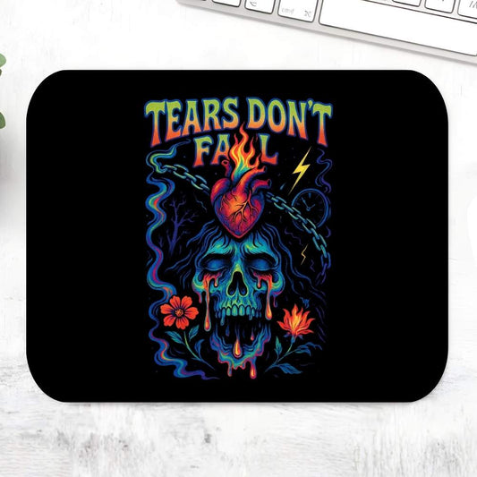 Mouse pad with colorful skull and heart design and 'Tears Don't Fail' text on a black background. Bullet for my valentine.