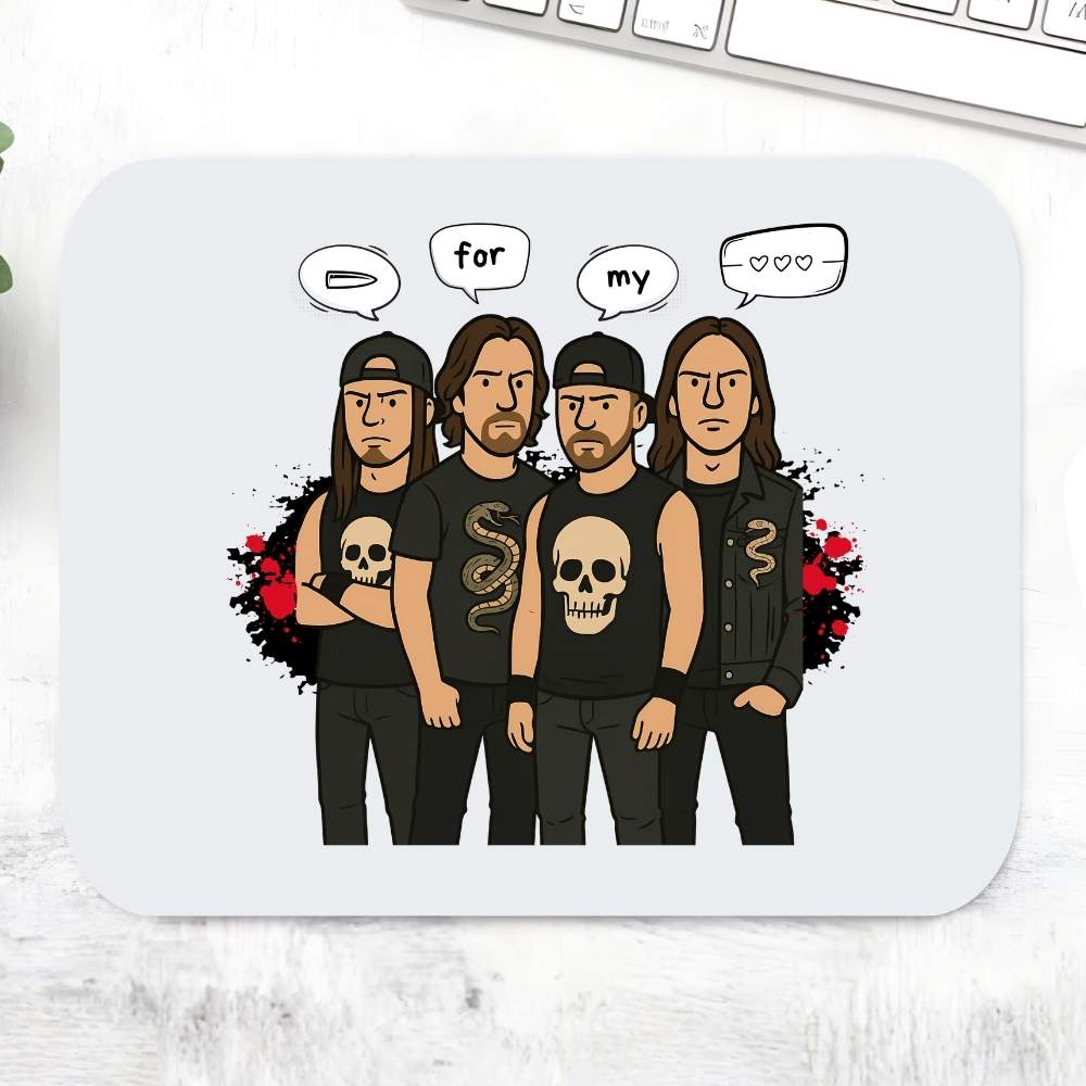 Mouse pad with cartoon illustration of four people wearing black shirts with skull designs on a white surface.  Bullet for my valentine.