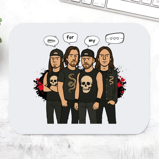 Mouse pad with cartoon illustration of four people wearing black shirts with skull designs on a white surface.  Bullet for my valentine.