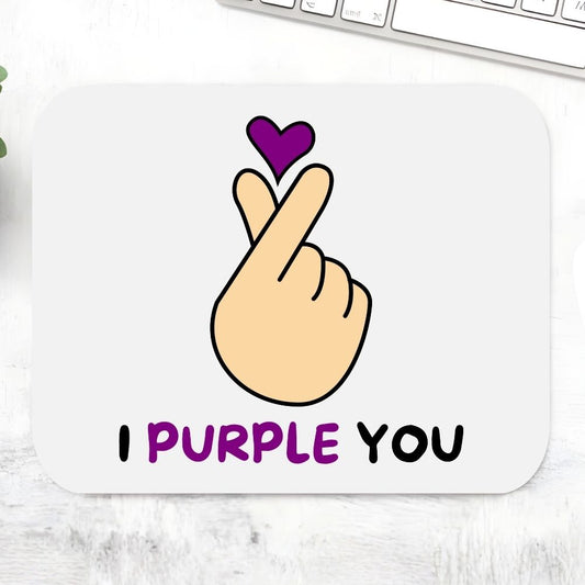 BTS I Purple You Mousepad – Large desk mat with Korean finger heart gesture and I Purple You quote in purple typography, K-pop fan gift, ARMY merch, BTS love symbol, The Banyan Tee India