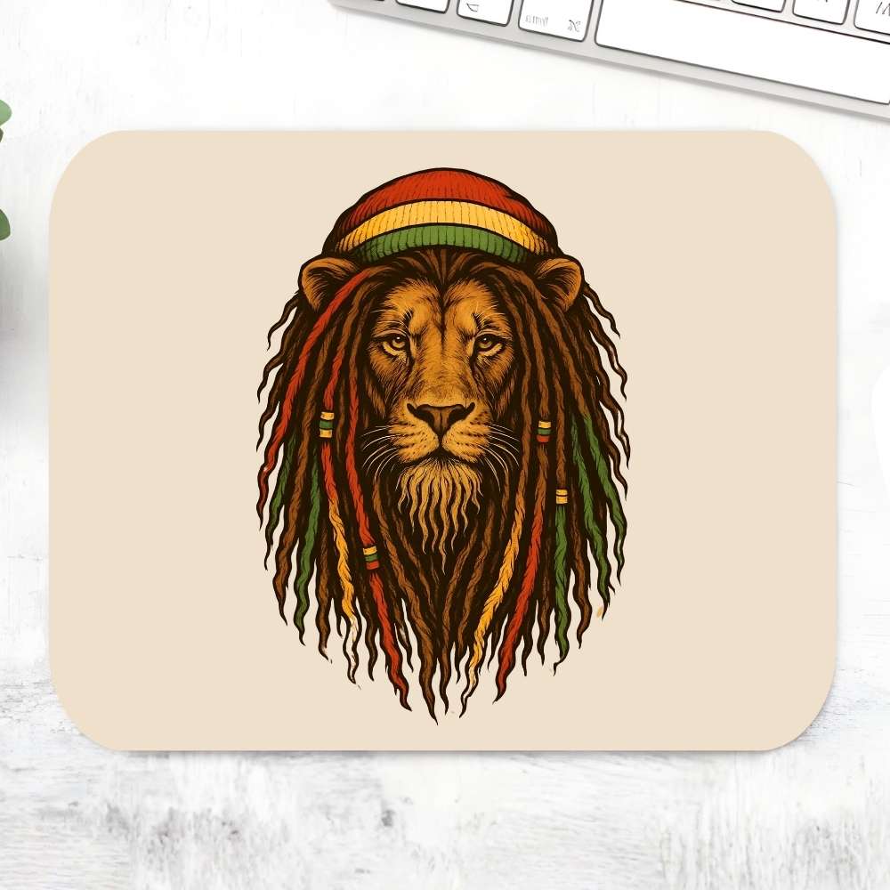 Mouse pad with a lion wearing a Rastafarian hat on a light surface. Bob Marley