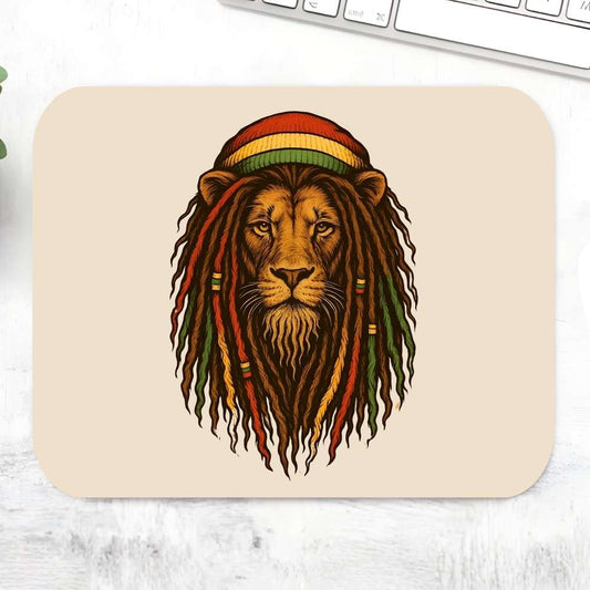 Mouse pad with a lion wearing a Rastafarian hat on a light surface. Bob Marley