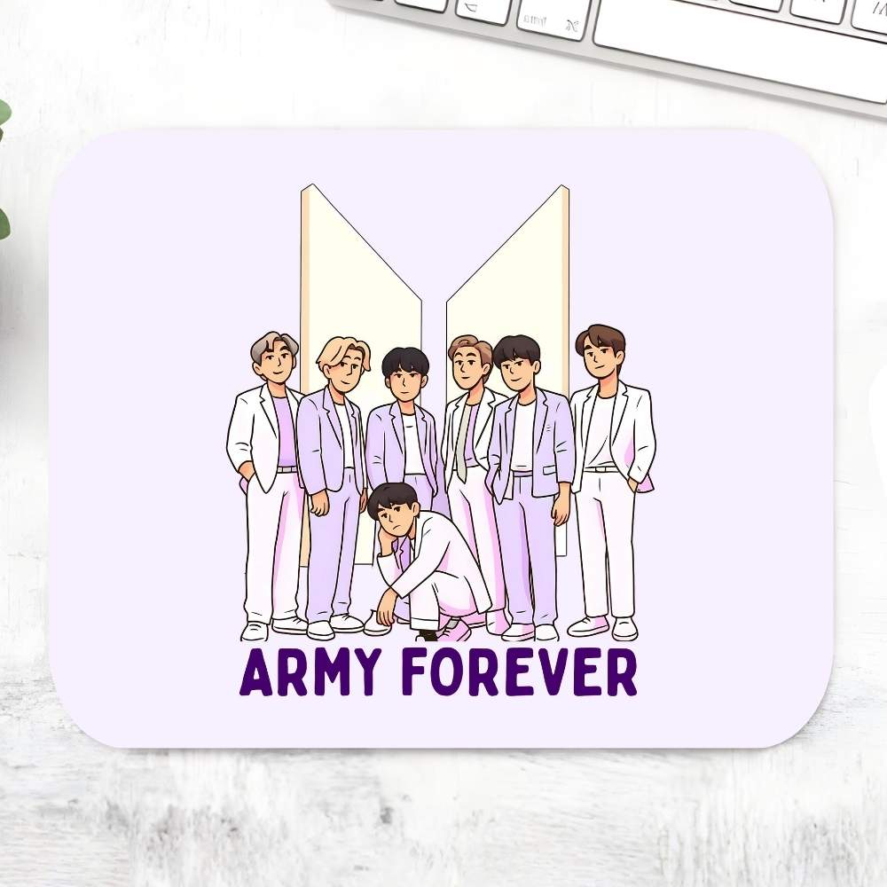 BTS Army Forever Mousepad – Purple lavender large desk mat featuring all 7 BTS member illustrations with BTS logo and Army Forever text, fan club ARMY gift, K-pop merch India, The Banyan Tee
