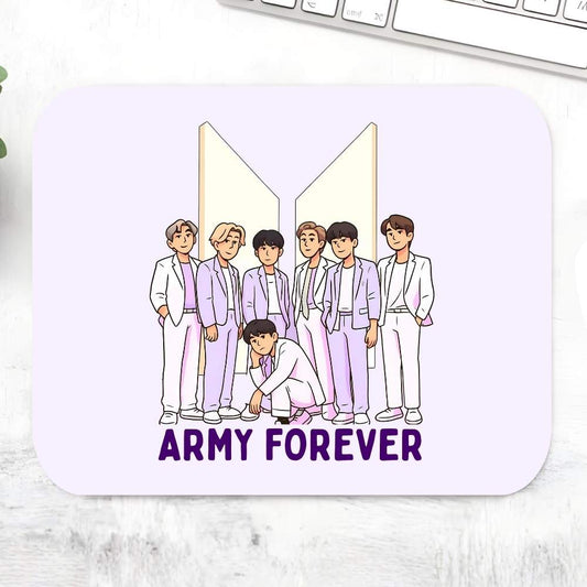BTS Army Forever Mousepad – Purple lavender large desk mat featuring all 7 BTS member illustrations with BTS logo and Army Forever text, fan club ARMY gift, K-pop merch India, The Banyan Tee