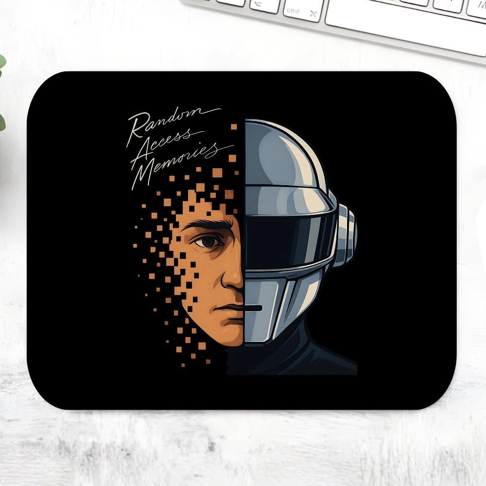 Mouse pad with a design of a person wearing a helmet and text 'Random Access Memories' on a black background. Daft Punk The Banyan Tee