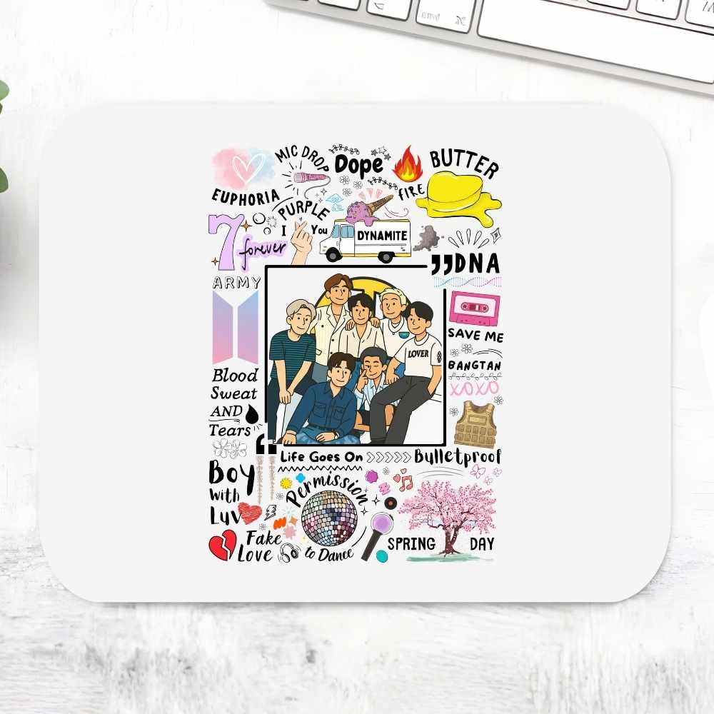 Bangtan Scribbles BTS Mousepad – Large illustrated fan art desk mat featuring BTS song titles Butter Dynamite DNA Life Goes On and Bangtan member cartoon art, K-pop gaming mousepad, The Banyan Tee