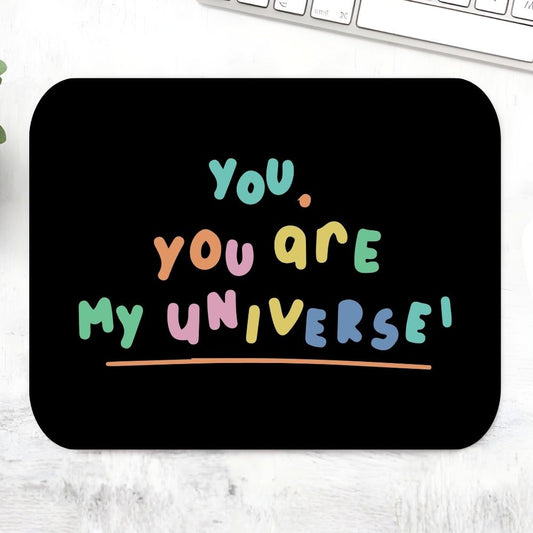 My Universe Mousepad – Black large desk mat with You You Are My Universe colorful bubble typography, BTS x Coldplay fan collab merch, K-pop desk accessory gift, ARMY stationery, The Banyan Tee India