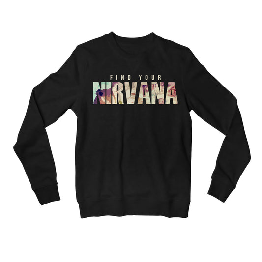 nirvana find your nirvana sweatshirt upper winterwear music band buy online india the banyan tee tbt men women girls boys unisex black