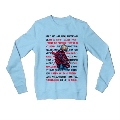 nirvana lyrical doodle sweatshirt upper winterwear music band buy online india the banyan tee tbt men women girls boys unisex baby blue