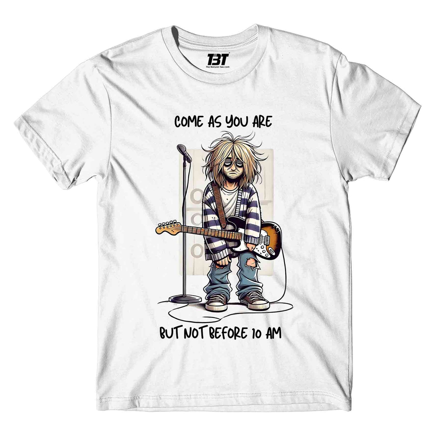 nirvana not before 10 am t-shirt music band buy online india the banyan tee tbt men women girls boys unisex white