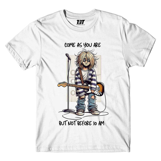 nirvana not before 10 am t-shirt music band buy online india the banyan tee tbt men women girls boys unisex white