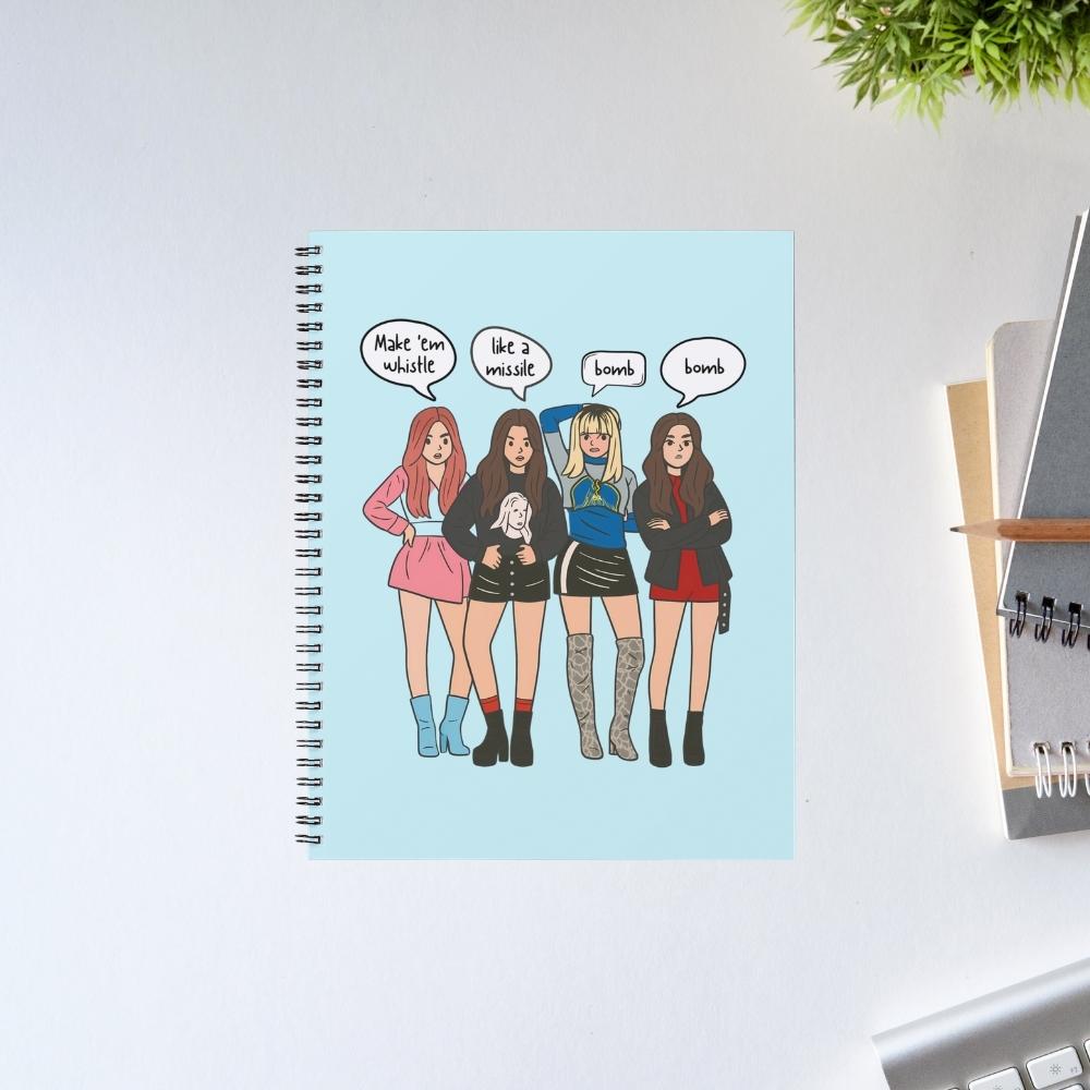 Notebook with illustrated cover of four women on a light blue background, placed on a white surface. Black Pink Notepad.