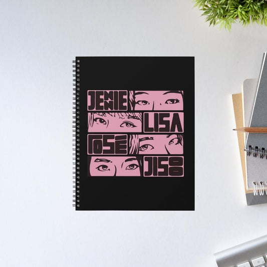 Black spiral-bound notebook with pink graphic design on a white surface Black Pink Notepad.