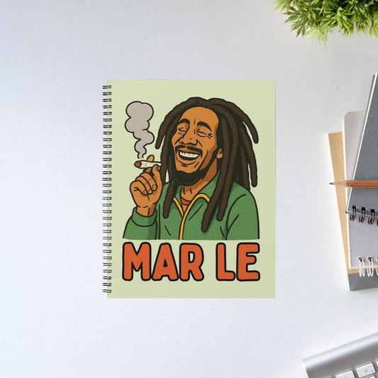 Notebook with a cartoon character and 'MAR LE' text on a light green background Bob Marley