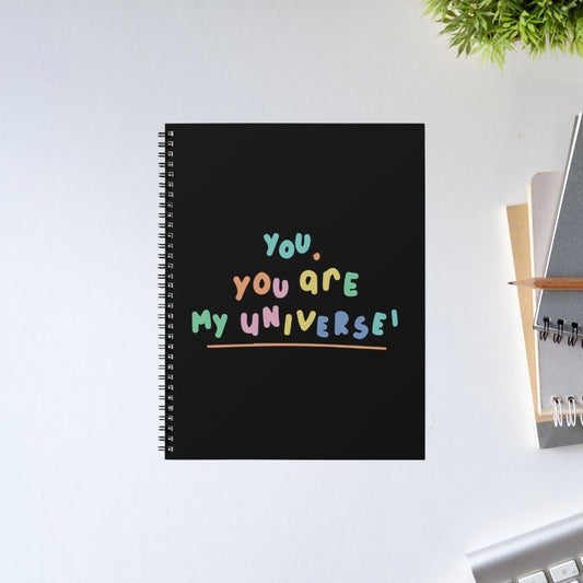 My Universe Notebook – Black spiral A5 journal with colorful You You Are My Universe lettering, BTS x Coldplay collaboration fan merch, K-pop stationery gift, Bangtan Boys diary, The Banyan Tee