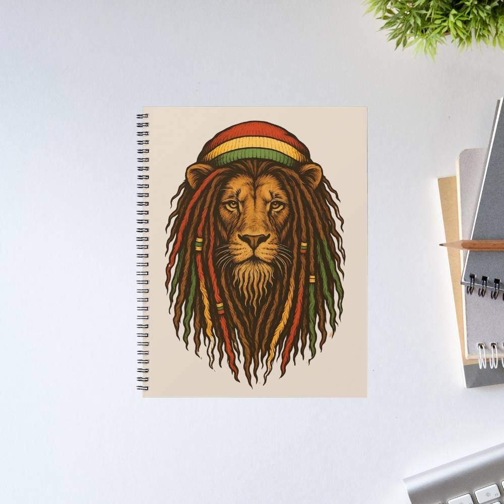 Notebook with a lion wearing a Rastafarian hat design on a white surface. Bob Marley