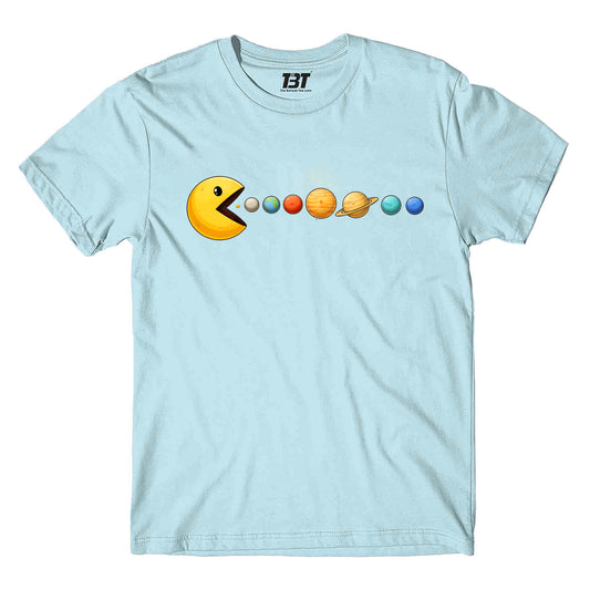 printed graphic pacman eating planets t-shirt printed graphic stylish buy online india the banyan tee tbt men women girls boys unisex baby blue