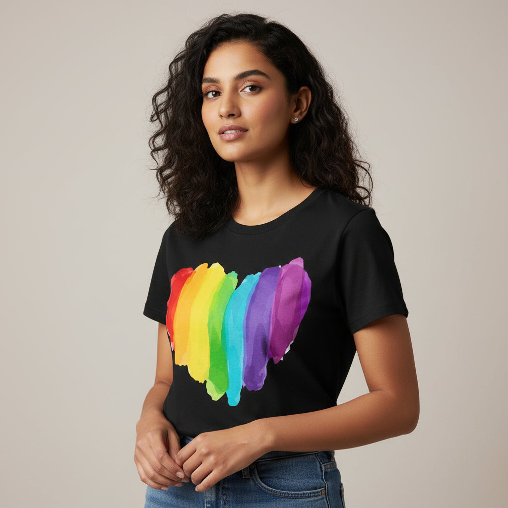 Black t-shirt with a rainbow heart design on a white background
