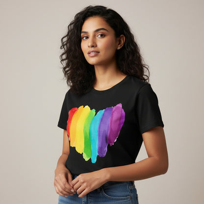 Black t-shirt with a rainbow heart design on a white background