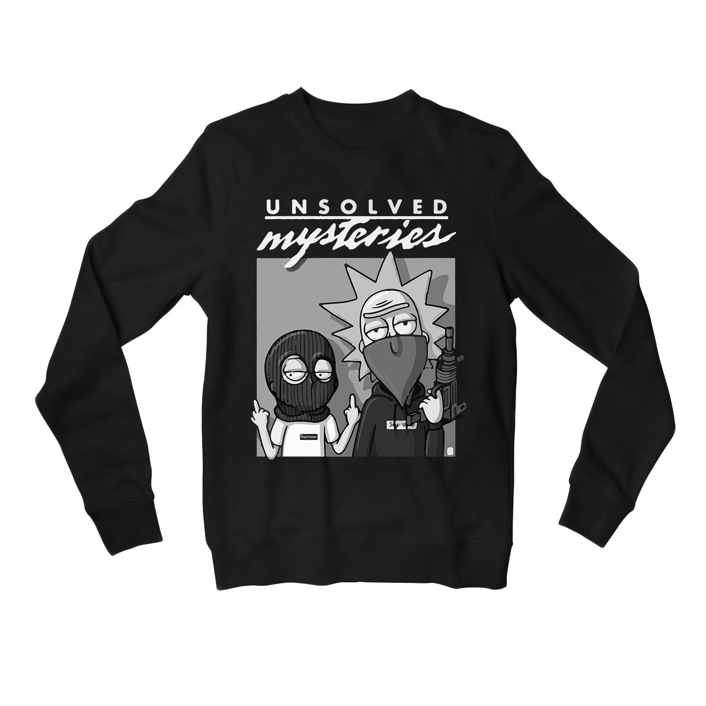 rick and morty unsolved mysteries sweatshirt upper winterwear buy online india the banyan tee tbt men women girls boys unisex black rick and morty online summer beth mr meeseeks jerry quote vector art clothing accessories merchandise
